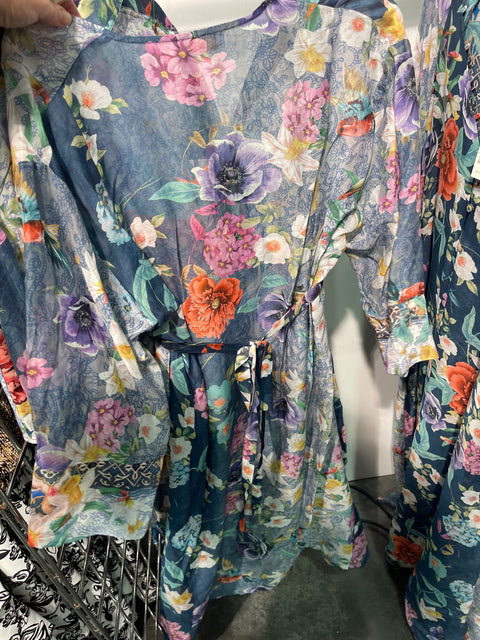 Johnny Was SUNRISE HANDKERCHIEF DRESS Blue Flower Swim Cocktail Wedding MEDIUM NEW RESORT LOUNGE