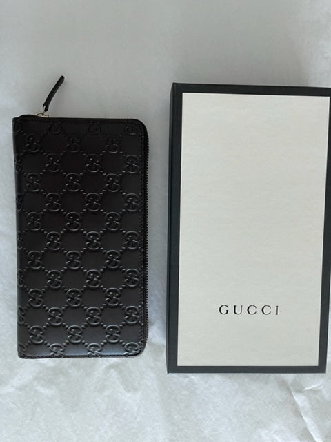 Gucci Italy Signature Continental Wallet Brown Chocolate Zip Leather Purse NEW