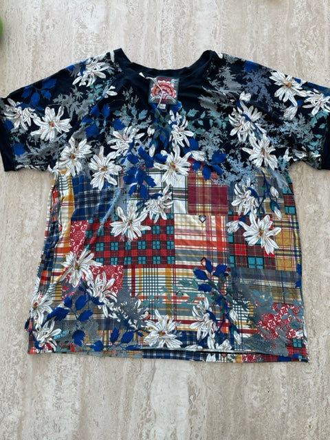 Johnny Was Ona Raglan Women Plaid Navy Blue Top Bamboo Red Plus Tee Shirt New