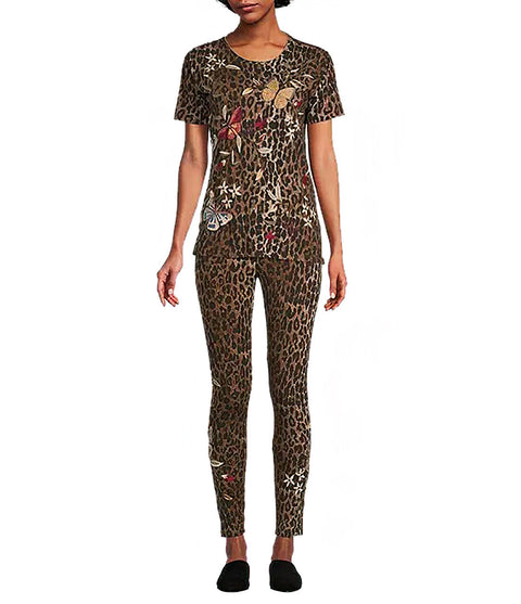Johnny Was Legging Penelope Leggings Leopard Embroidery Floral Pants Medium NEW