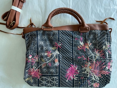 Johnny Was Viviana Denim Weekender Bag Floral Embroidery Handbag Brown Grey NEW