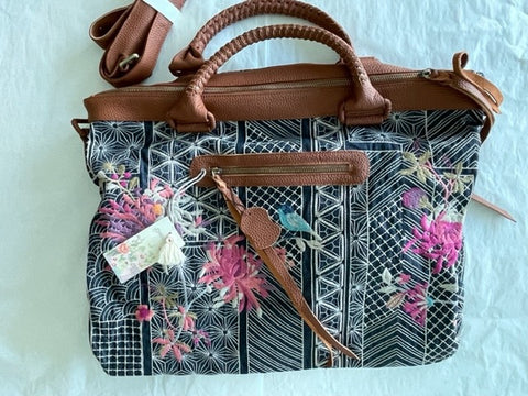 Johnny Was Viviana Denim Weekender Bag Floral Embroidery Handbag Brown Grey NEW