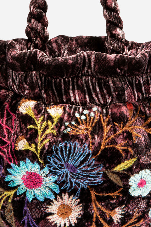 Johnny Was Ulla Velvet Pouch Small Leopard Maroon Mini Embroidery Flower Bag NEW