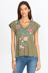 Johnny Was Grace Flutter Sleeve Tee Shirt Moss Green Top Short Floral NEW