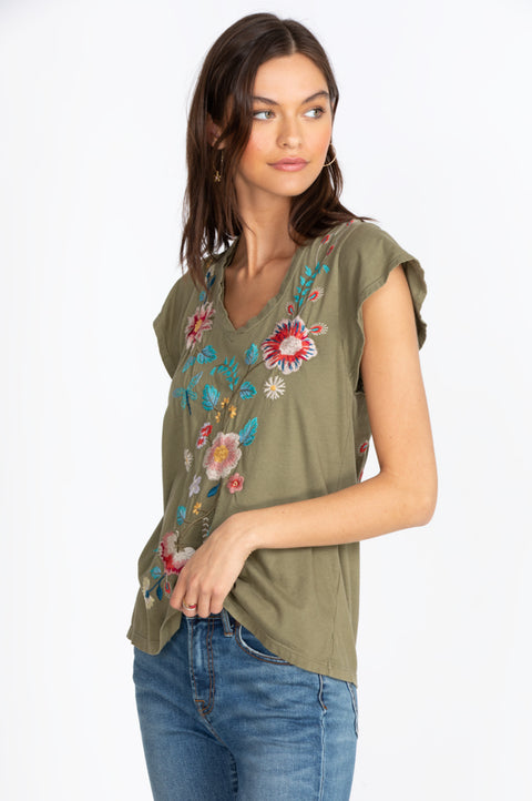 Johnny Was Grace Flutter Sleeve Tee Black Shirt Floral Embroidery Top Medium NEW