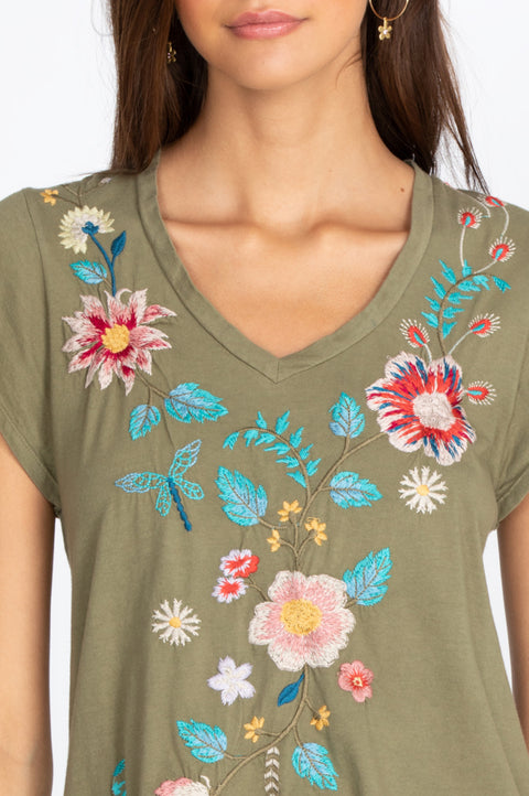 Johnny Was Grace Flutter Sleeve Tee Black Shirt Floral Embroidery Top Medium NEW