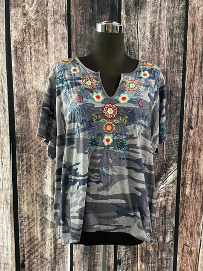 Johnny Was Indigo Camo Cotton Shirt Plus Size Blue Embroidery Top Sleeve Short NEW