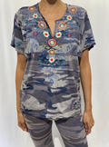 Johnny Was Indigo Camo Cotton Shirt Plus Size Blue Embroidery Top Sleeve Short NEW