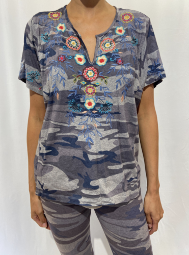 Johnny Was Sicilia Knit Blouse Indigo Camo Tee Top Embroidery Plus Shirt 2X New