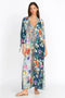 Johnny Was Sunrise Surf Swim Resort Cover Up Long Dress V Neck Flower Blue NEW