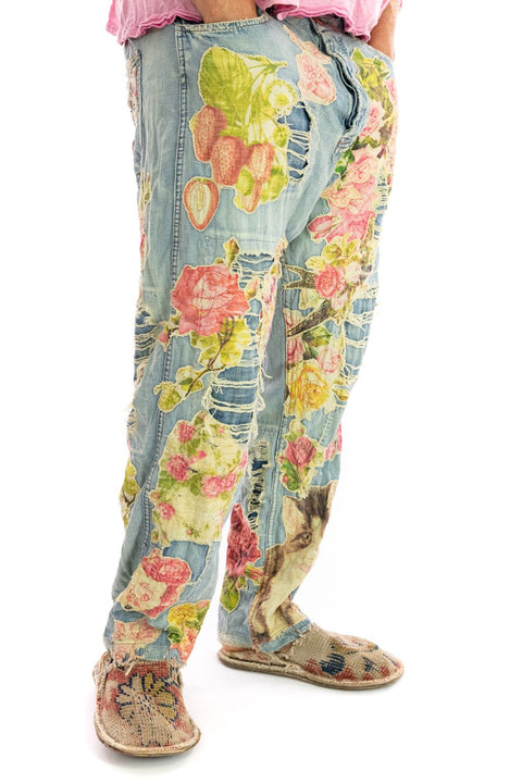 MAGNOLIA PEARL PANTS 371 Cotton Floral Applique Distressing Denims Blue New