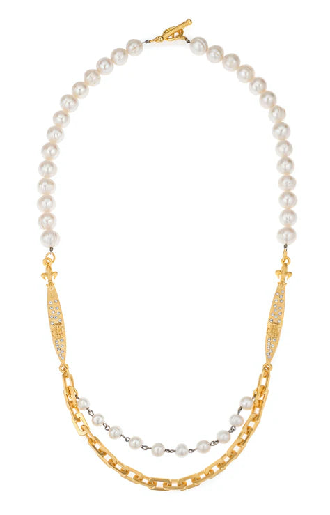 French Kande 25" Freshwater Pearls With 24k Swarovski Pointu Pendants And Honfleur Chain NEW