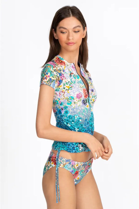 Johnny Was Sun Rays Surf Shirt Swim Resort Blue Rash Guard Floral Top XXL NEW