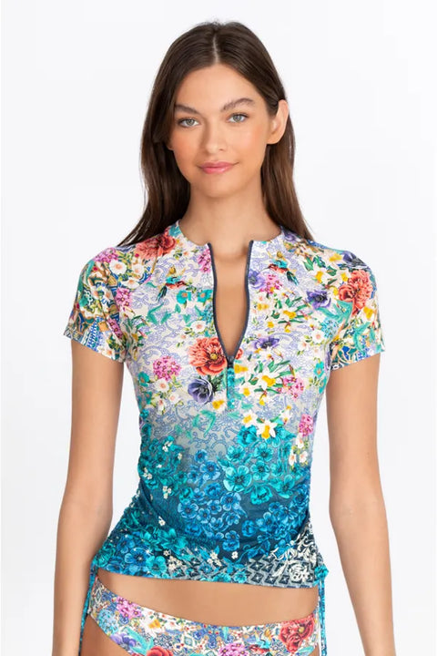 Johnny Was Sun Rays Surf Shirt Swim Resort Blue Rash Guard Floral Top XXL NEW