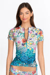 Johnny Was Sun Rays Surf Shirt Swim Resort Blue Rash Guard Floral Top XL NEW