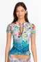 Johnny Was SUN RAYS SURF SHIRT Swim Resort Blue Flower Rash Guard XL New