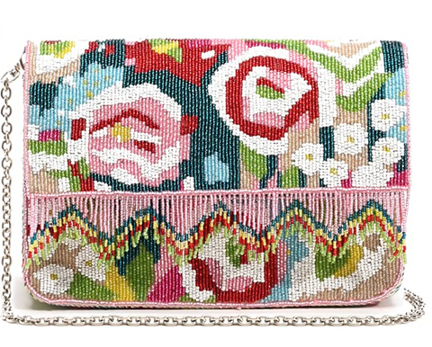America & Beyond Geo Floral Beaded Fringe Bag Floral Handbag Purse Pink Blue NEW