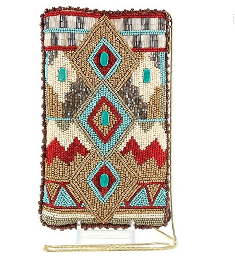 Mary Frances Turquoise Power Cell Phone Crossbody Pouch Bag Cream Red Beaded NEW