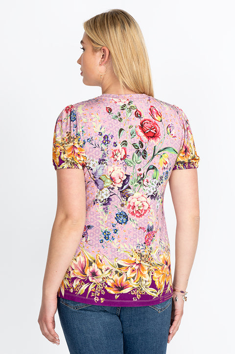 Johnny Was Topiary Puff Sleeve Floral Pink Violet Shirt Top Flower Knit Tee New