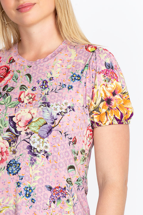 Johnny Was Topiary Puff Sleeve Floral Pink Violet Shirt Top Flower Knit Tee New