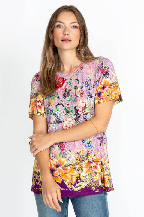 Johnny Was Topiary Puff Sleeve Floral Pink Violet Shirt Top Flower Knit Tee New