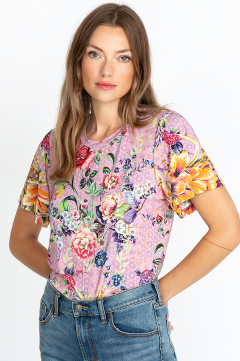 Johnny Was Topiary Puff Sleeve Floral Pink Violet Shirt Top Flower Knit Tee New