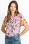 Johnny Was Topiary Puff Sleeve Floral Pink Shirt Top Flower Knit Tee New