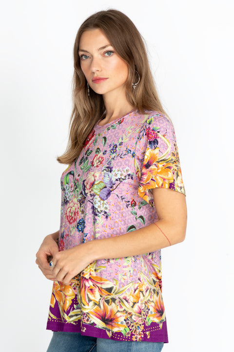 Johnny Was Topiary Puff Sleeve Floral Pink Violet Shirt Top Flower Knit Tee New