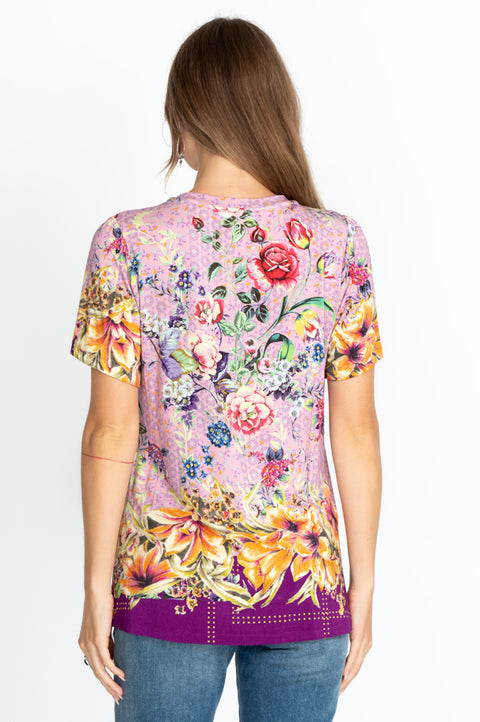 Johnny Was Topiary Puff Sleeve Floral Pink Violet Shirt Top Flower Knit Tee New
