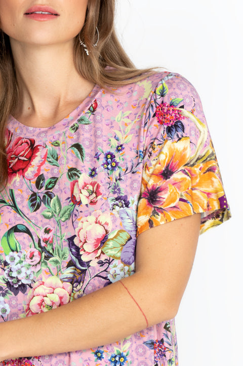 Johnny Was Topiary Puff Sleeve Floral Pink Violet Shirt Top Flower Knit Tee New
