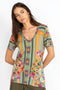 Johnny Was Hunter Favorite Short V Floral Tee Shirt Green Yellow Top Small NEW