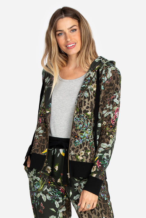 Johnny Was Ash Bird Leopard Cotton Zip Up Jacket Hoodie Sweatshirt Black Top NEW