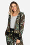 Johnny Was Ash Bird Leopard Cotton Zip Up Jacket Hoodie Sweatshirt Black Top NEW