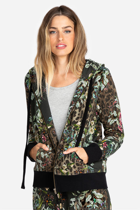 Johnny Was Ash Bird Leopard Cotton Zip Up Jacket Hoodie Sweatshirt Black Top NEW