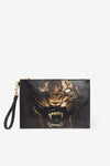 ROBERTO CAVALLI Metallic Tiger Teeth Pochette Leather Clutch Bag Animal Roar NEW Black