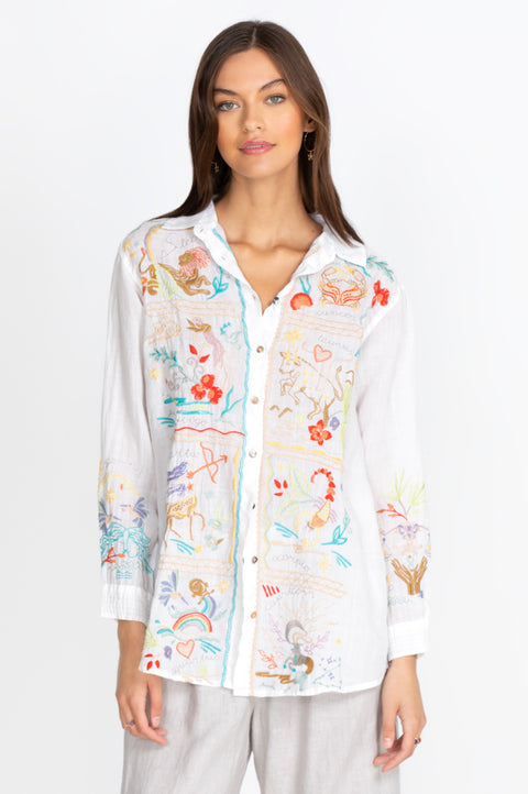 Johnny Was Button Down Horoscope ZODIAC OVERSIZED SHIRT TUNIC WHITE M NEW