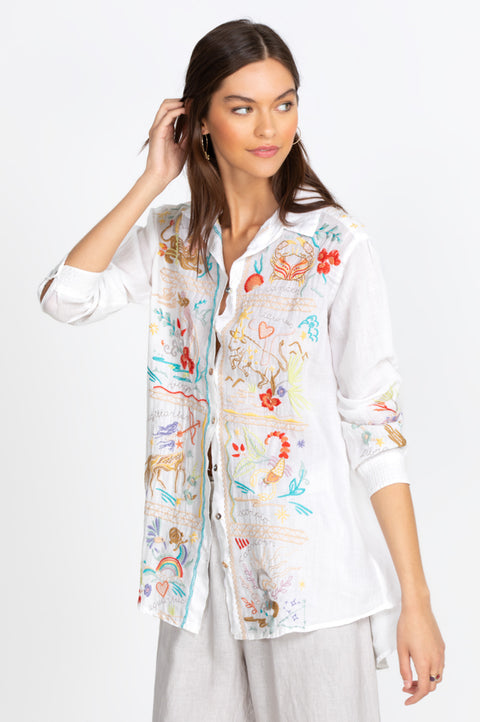 Johnny Was Button Down Horoscope ZODIAC OVERSIZED SHIRT TUNIC WHITE XL NEW