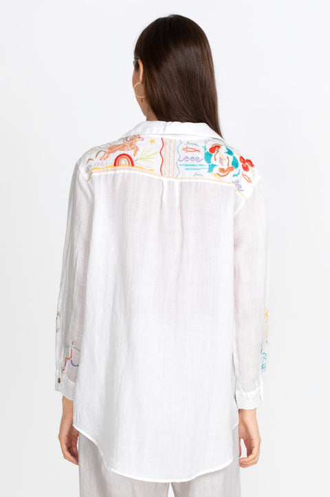Johnny Was Button Down Horoscope ZODIAC OVERSIZED SHIRT TUNIC WHITE XL NEW