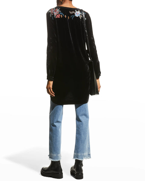 Johnny Was DENALI VELVET RELAXED TRAPUNTO TUNIC Black Embroidered Shirt Top New