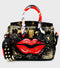 Anca Barbu Satchel Black Top Handle Lips Red Gold Leather Bag Handbag Large New