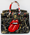 Anca Barbu Satchel Black Top Handle Lips Red Gold Leather Bag Handbag Large New
