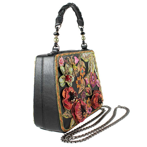Mary Frances Botanical Black Leather Floral Top Handle Bag New