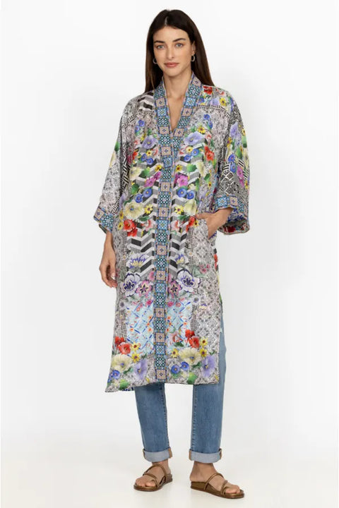 Johnny Was Cozumel Eliza Kimono Reversible Red Flowers Silk Blue Floral Coat NEW