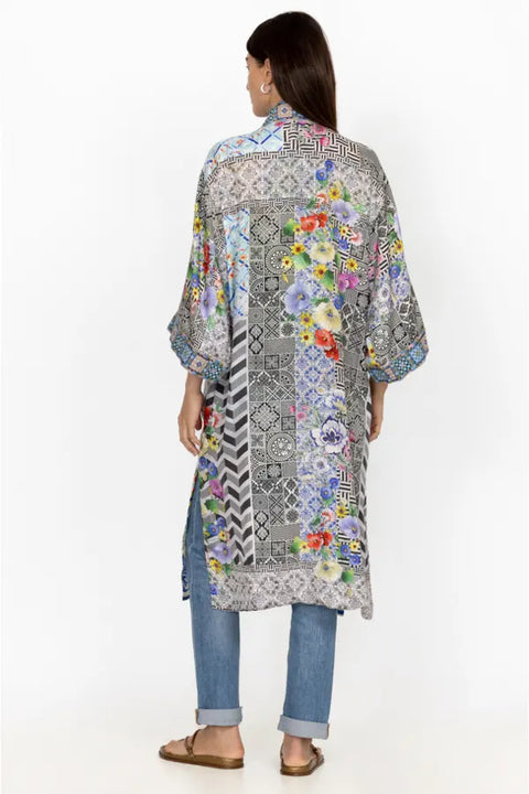 Johnny Was Cozumel Eliza Kimono Reversible Red Flowers Silk Blue Floral Coat NEW