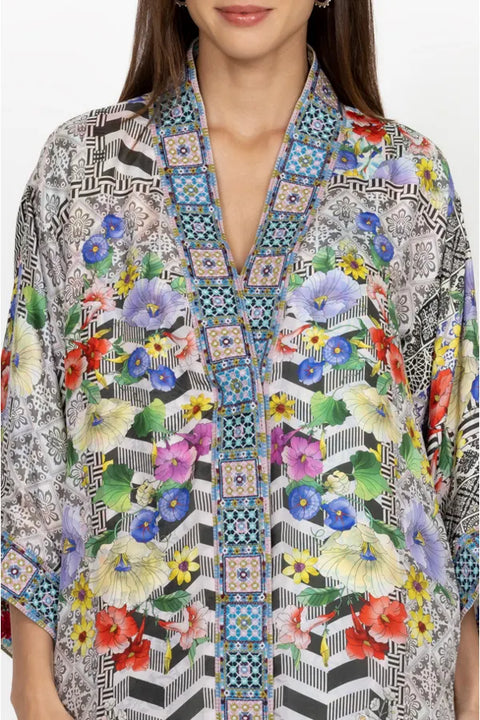 Johnny Was Cozumel Eliza Kimono Reversible Red Flowers Silk Blue Floral Coat NEW