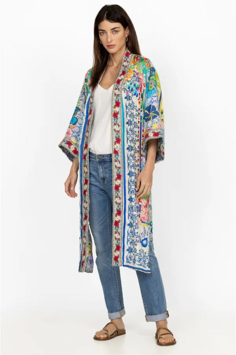 Johnny Was Cozumel Eliza Kimono Reversible Red Flowers Silk Blue Floral Coat NEW