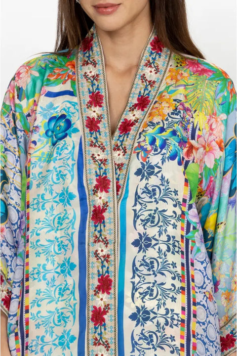 Johnny Was Cozumel Eliza Kimono Reversible Red Flowers Silk Blue Floral Coat NEW