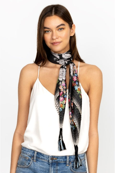 Johnny Was Redland Silk Scarf Square Large Floral Scarves Black White Tassel New