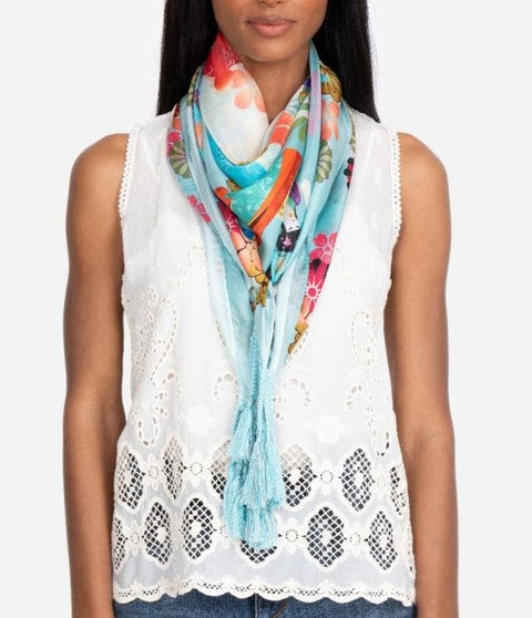 Johnny Was Kingyo Scarf Silk Blue Square Scarves Lush Floral Luxe Tassel New