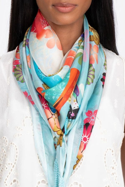 Johnny Was Kingyo Scarf Silk Blue Square Scarves Lush Floral Luxe Tassel New